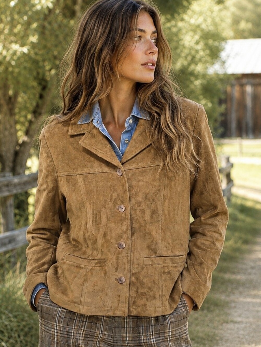 Vintage Y2K Lands’ End 100% Goat Suede Leather Jacket Blazer Camel Women's Sz M